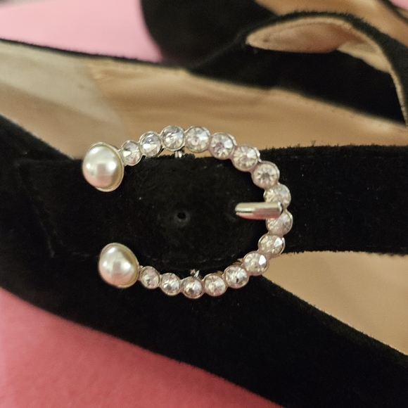 J CREW Black Suede MARINA CRISS CROSS Pearl Rhinestone buckle Dress Flat 9.5 - Picture 6 of 10